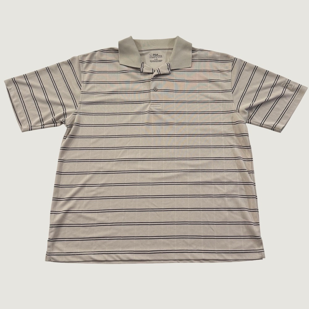 PGA Tour Polo Shirt Mens Large Tan Beige Striped Short Sleeve Golf Polyester